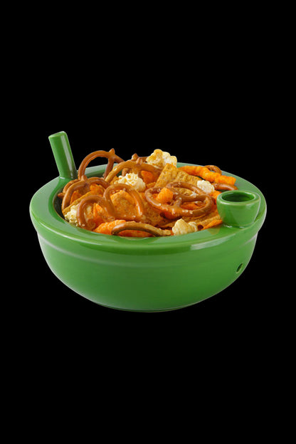 A front view of the Roast And Toast Ceramic Cereal Bowl Pipe filled with dried herbs, showing the bowl’s curved design.