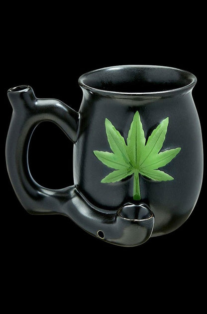 A close-up shows the embossed leaf design on the black ceramic Roast & Toast Premium Ceramic Embossed Leaf Pipe Mug.