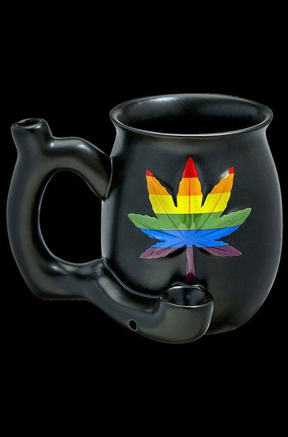A front view of the Roast & Toast Premium Ceramic Embossed Leaf Pipe Mug, showing a dark ceramic mug with a raised leaf design.