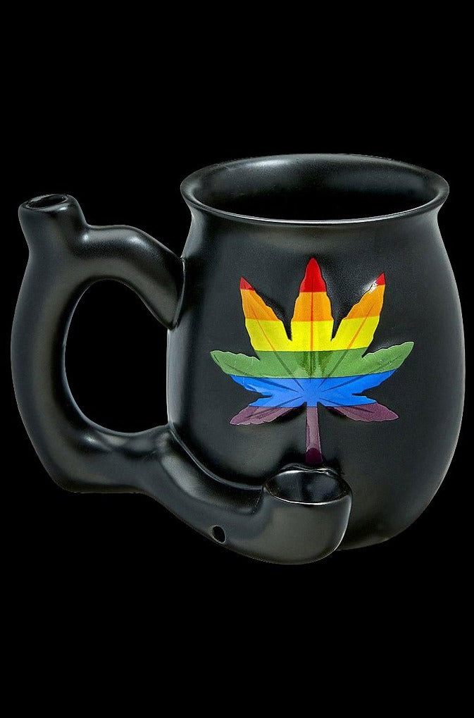 A front view of the Roast & Toast Premium Ceramic Embossed Leaf Pipe Mug, showing a dark ceramic mug with a raised leaf design.