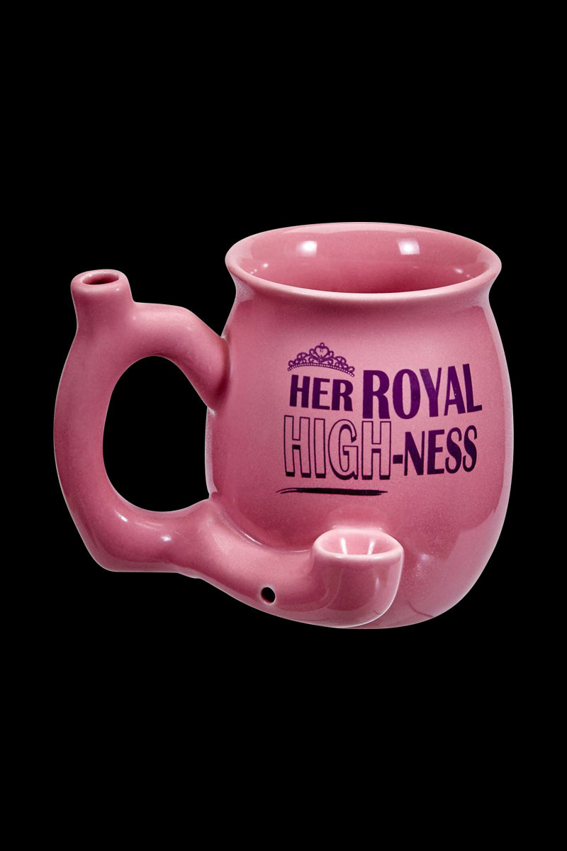 A close-up shot of the Roast & Toast Her Royal High-Ness Mug Pipe, showing a ceramic mug with a pipe stem protruding from its side.