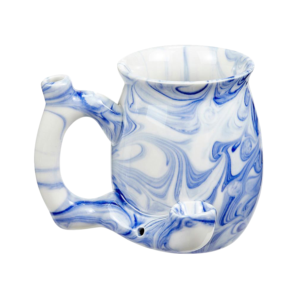 A slightly angled view of the Roast & Toast Premium Marbled Ceramic Pipe Mug, showcasing its white ceramic with blue marble swirls.
