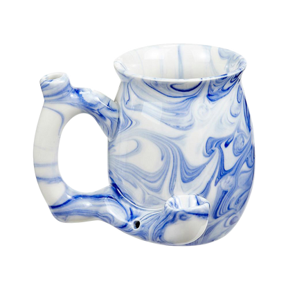 A slightly angled view of the Roast & Toast Premium Marbled Ceramic Pipe Mug, showcasing its white ceramic with blue marble swirls.
