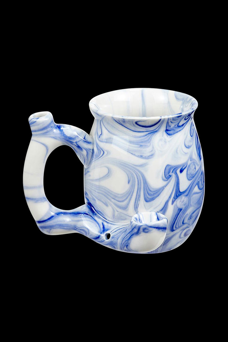 A detailed close-up of the Roast & Toast Premium Marbled Ceramic Pipe Mug, showcasing its white and blue marbled ceramic finish.