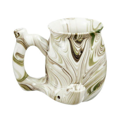 A slightly angled view of the Roast & Toast Premium Marbled Ceramic Pipe Mug, showcasing its white and grey marbled pattern.
