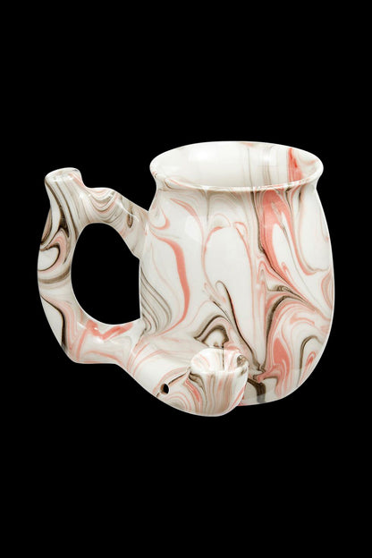 A close-up, angled view of the Roast & Toast Premium Marbled Ceramic Pipe Mug, showing its swirling white and grey marbled design.