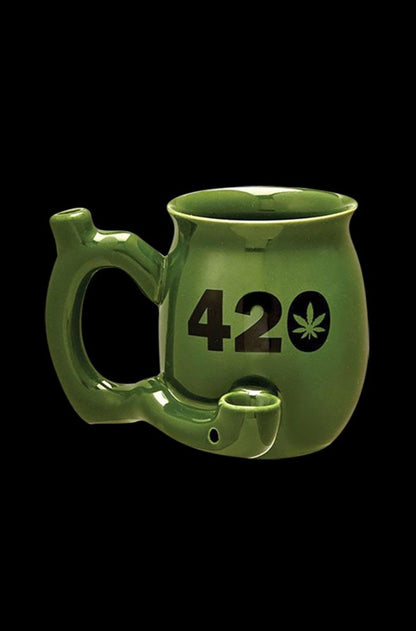 A front view of the Roast & Toast 420 Mug Pipe, showing a green ceramic mug with an integrated pipe extending from the side.