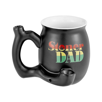 A side view of the “Roast & Toast “Stoner Dad” Ceramic Pipe Mug”, featuring a black ceramic mug with a handle.