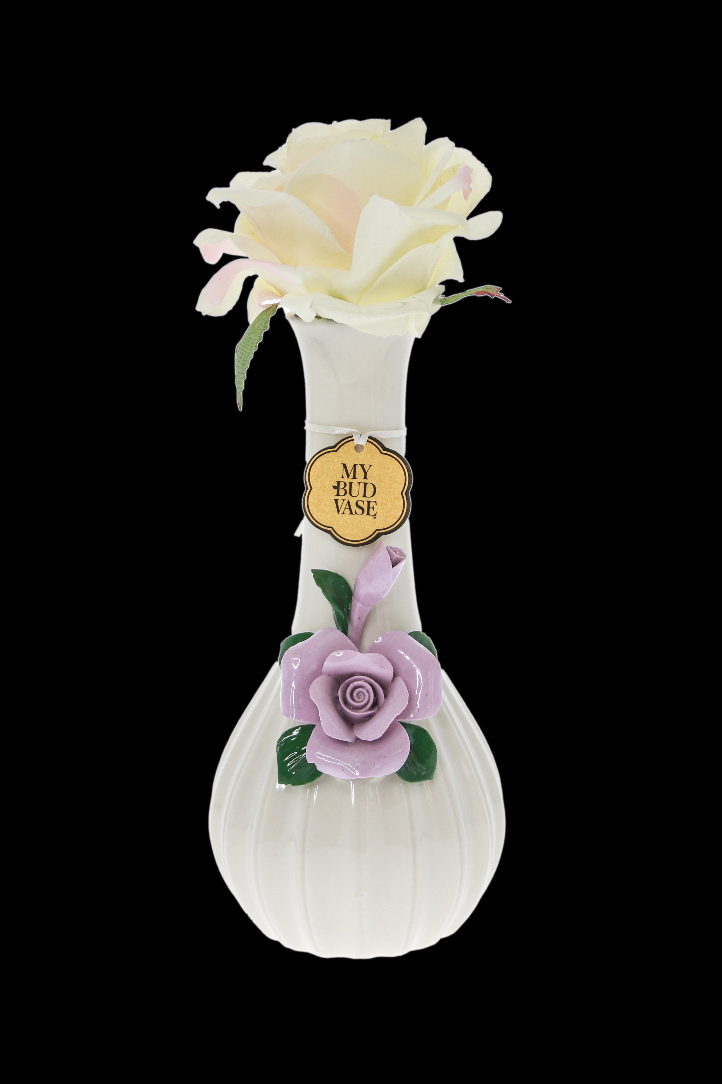 Elegant glass vase with sculpted floral details, marketed as a "Bud Vase" for cannabis use.