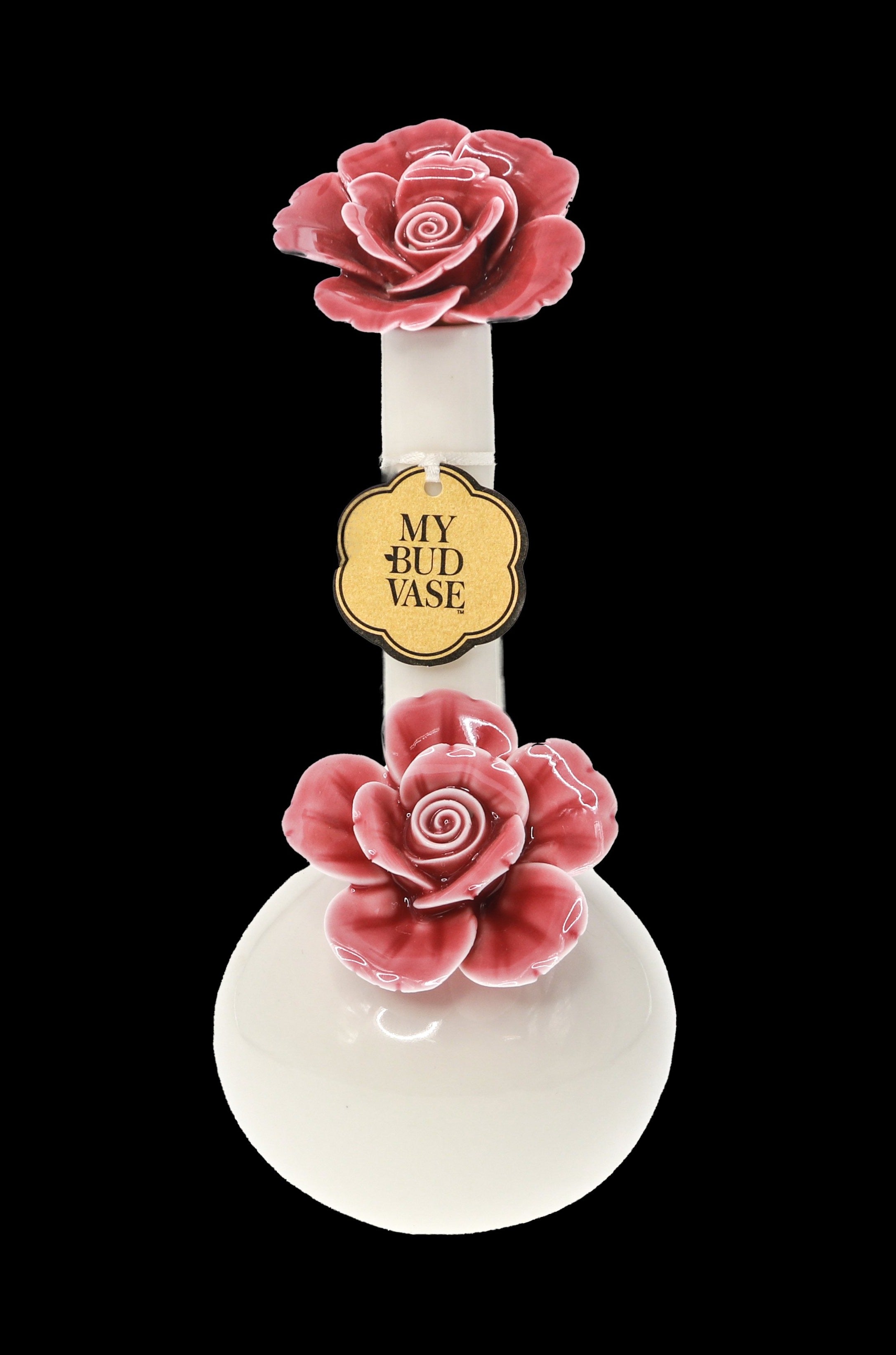 Glass cannabis water pipe decorated with sculpted red roses, labeled “My Bud Vase.”