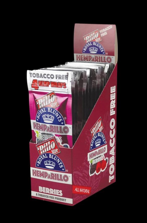 Angled front view of a display box of Royal Blunts Hemparillo Hemp Wraps - 15 Pack 5.00% Off Auto renew showing berry-flavored pink foil packets arranged upright against a black background