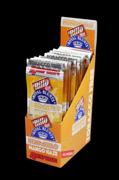Angled front view of a countertop display of Royal Blunts Hemparillo Hemp Wraps - 15 Pack 5.00% Off Auto renew showing yellow mango haze foil packets arranged in a stepped box against a black background