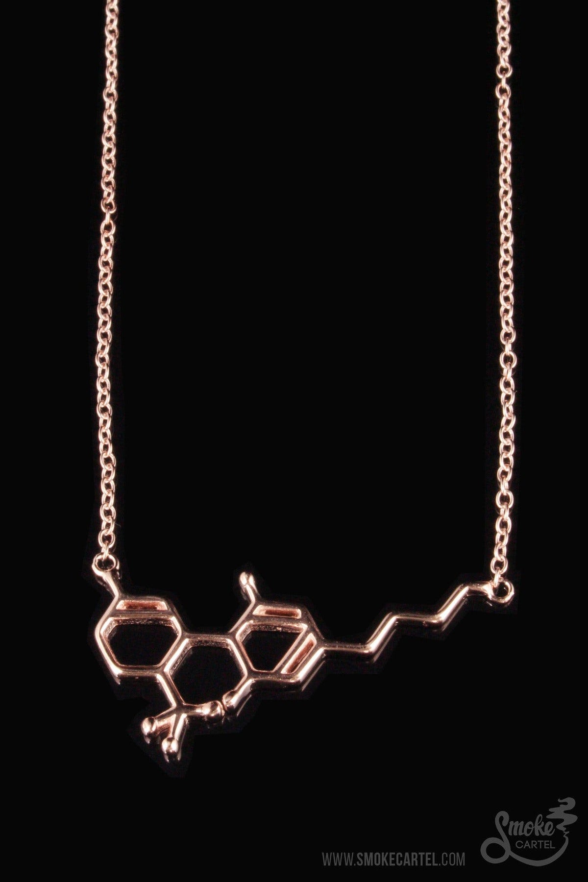 The Smoke Cartel THC Molecule Necklace, a delicate gold pendant, is displayed against a dark background.