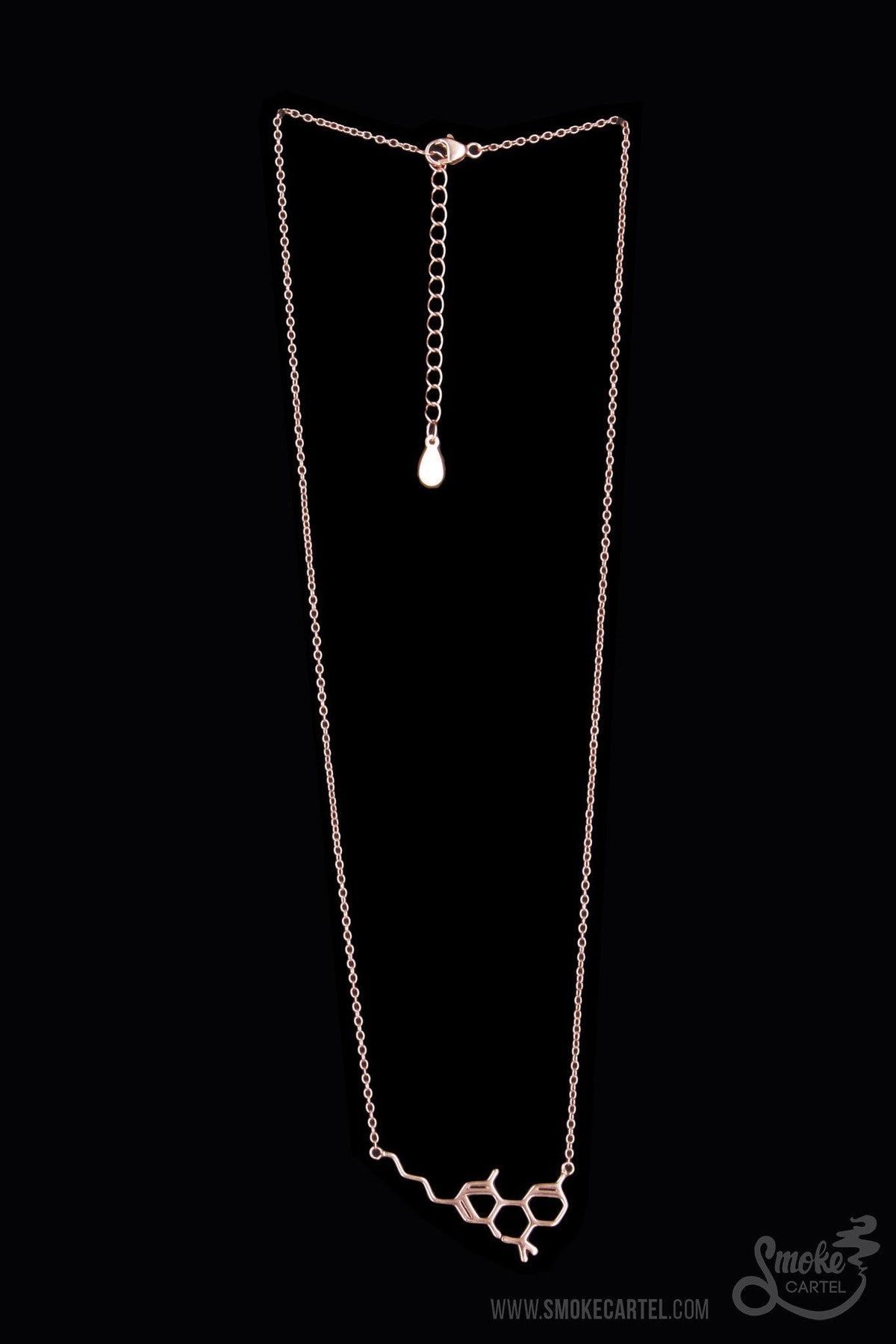 A close-up of the Smoke Cartel THC Molecule Necklace, a delicate silver pendant hanging from a fine chain against a dark background.