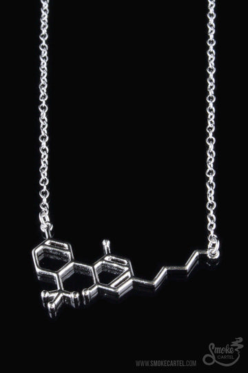 Close-up of Silver Pendant - Smoke Cartel THC Molecule Necklace
