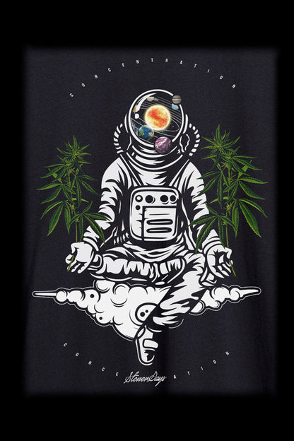 Astronaut in lotus position meditating amidst cannabis leaves and smoke, with a planetary view visible through the helmet’s visor, labeled “StonerDays”.