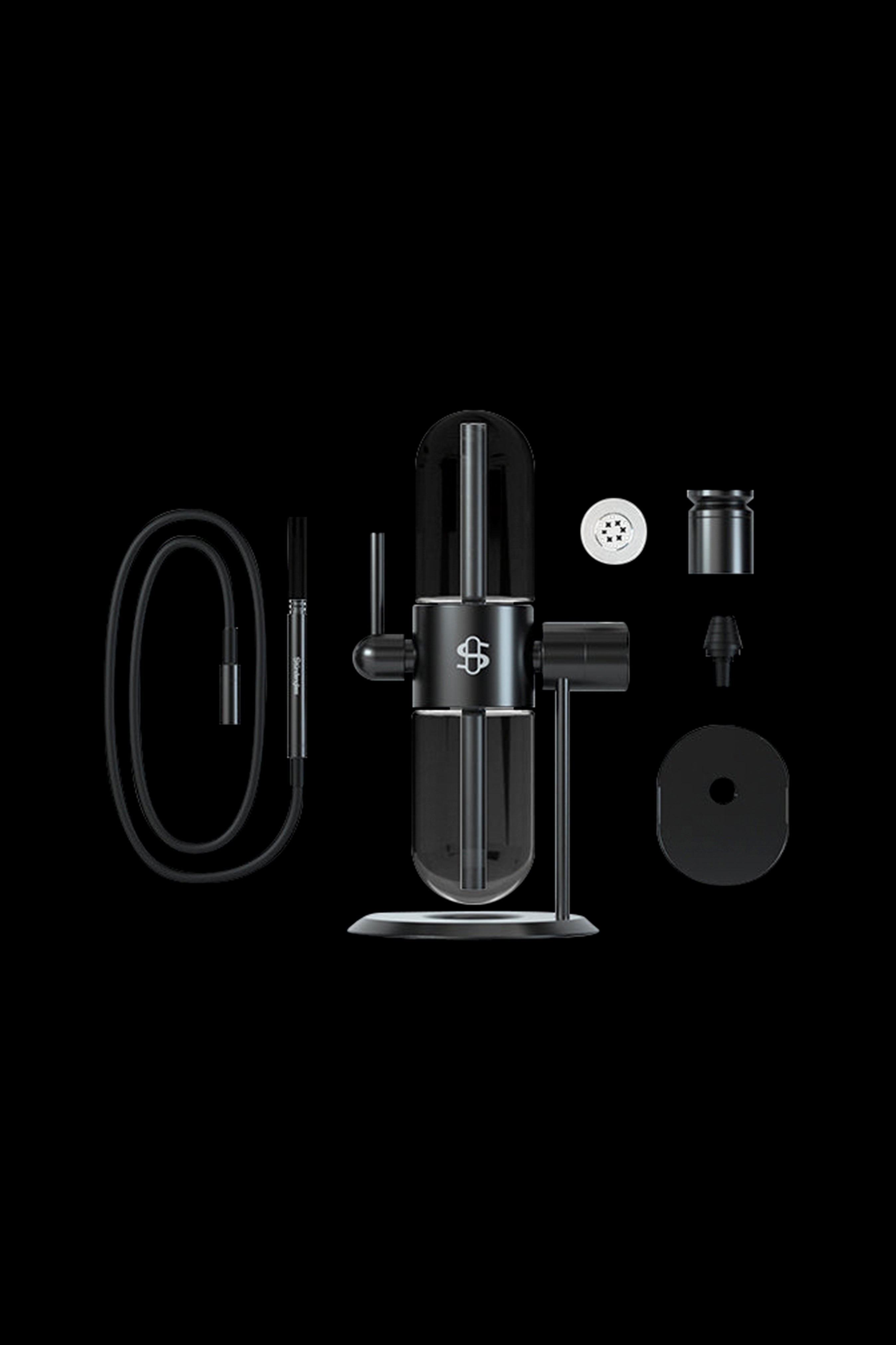 Black cannabis vaporizer device with disassembled components arranged around it on a black background.