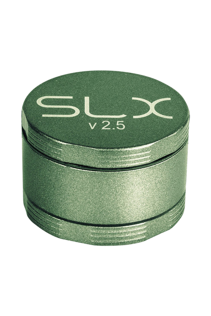 A close-up, angled view of the SLX Ceramic Coated 2.5" Medium Grinder, showcasing its metallic finish and circular design.