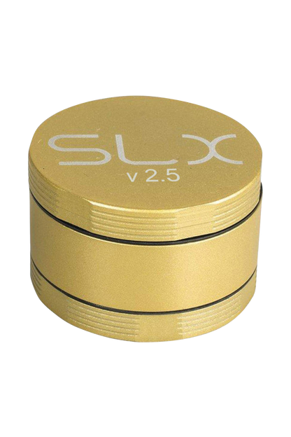 Front view of the SLX Ceramic Coated 2.5" Medium Grinder, showcasing its metallic finish and circular design.