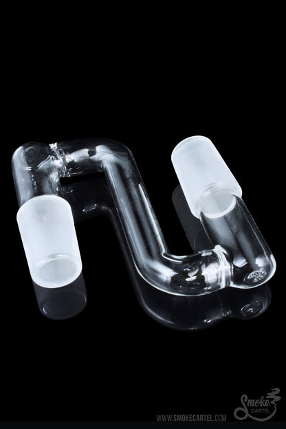 A studio shot of the Sleek and Simple Male to Male Curved Drop Down, angled to showcase its clear glass construction and curved design.