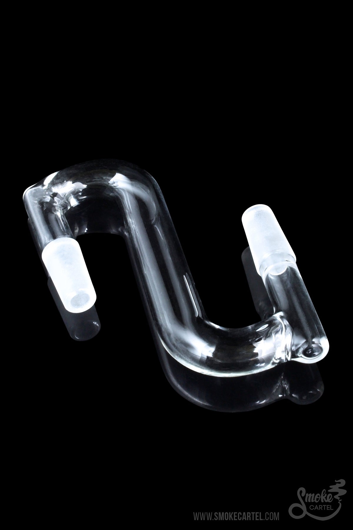 A sleek, angled view of the Sleek and Simple Male to Male Curved Drop Down, showcasing its clear glass construction.