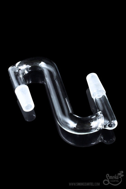 A sleek, angled view of the Sleek and Simple Male to Male Curved Drop Down, showcasing its clear glass construction.