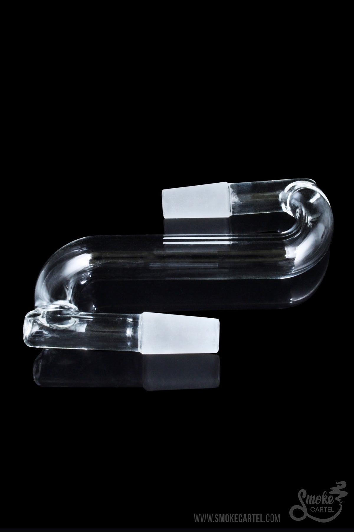 A studio shot of the Sleek and Simple Male to Male Curved Drop Down, angled to showcase its clear glass construction and curved design.
