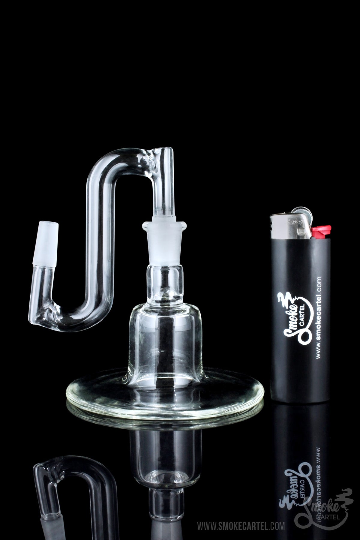 A sleek, angled view of the Sleek and Simple Male to Male Curved Drop Down, showcasing its clear glass construction and curved design.