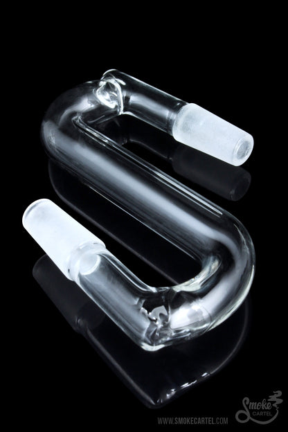 A studio shot of the Sleek and Simple Male to Male Curved Drop Down glass adapter, angled to showcase its smooth, curved form.