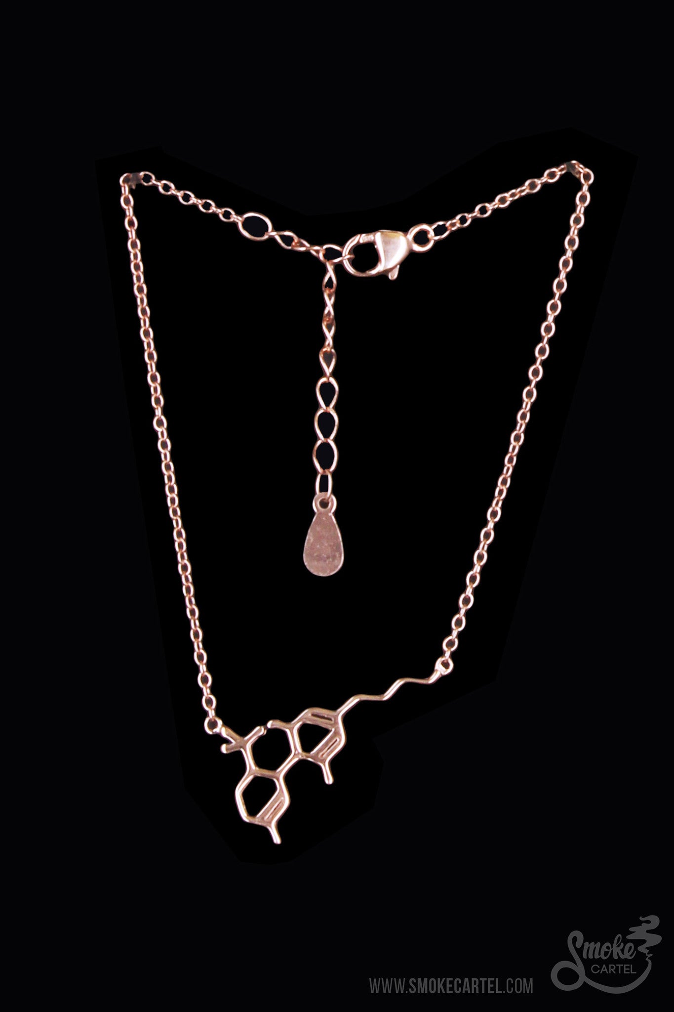 A close-up of the Smoke Cartel THC Molecule Bracelet, a delicate chain with a molecular pendant.