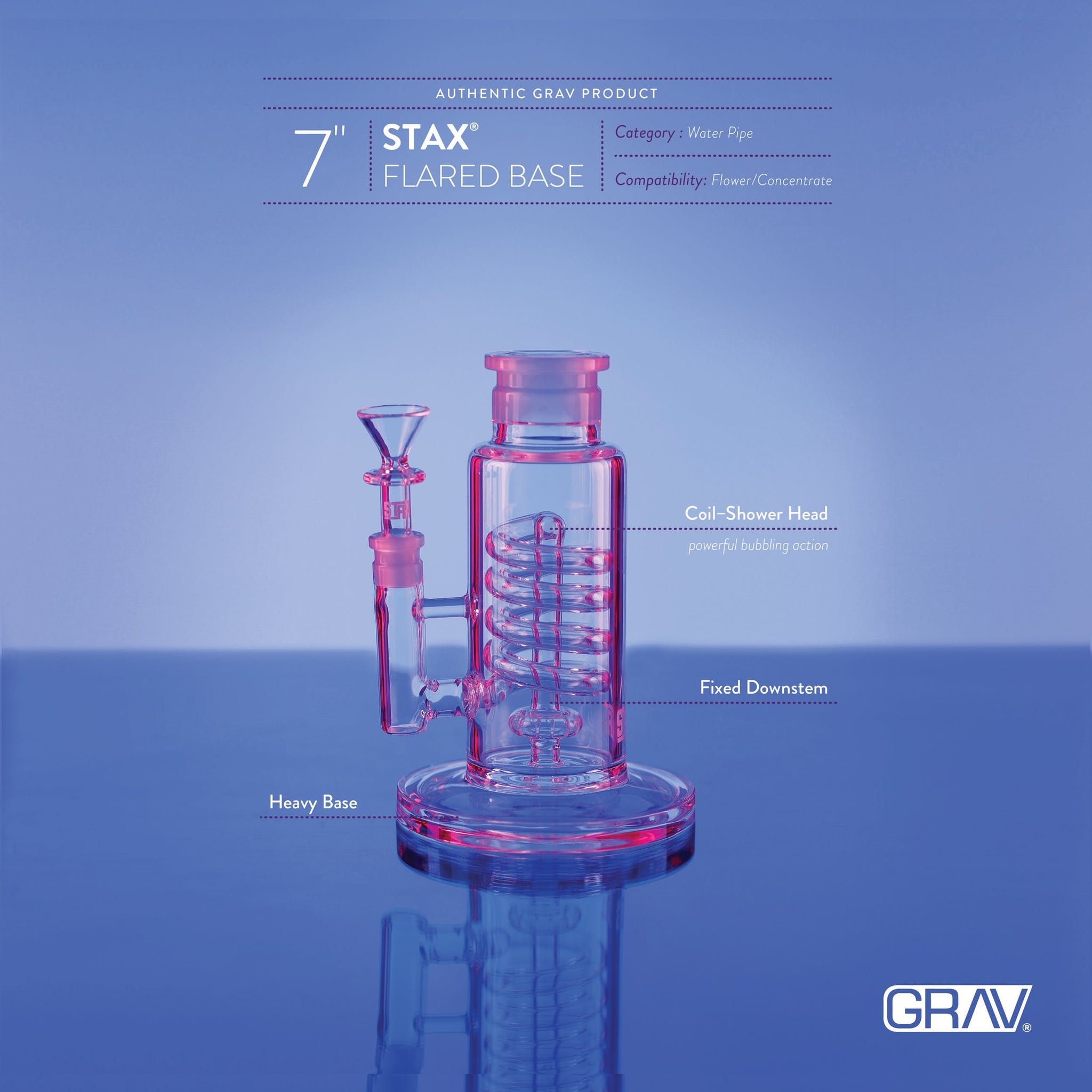 Front view of the GRAV® STAX Flare Base with Coil Showerhead Perc, showcasing the clear glass design and angled perspective.