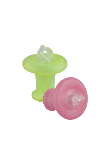 A close-up shot of the Sandblasted Vortex Thermal Carb Cap, displaying its unique frosted glass design against a plain white backdrop.