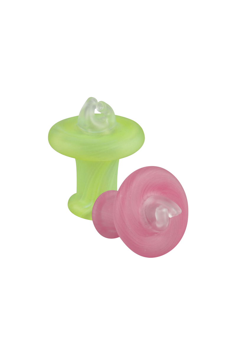 A close-up shot of the Sandblasted Vortex Thermal Carb Cap, displaying its unique frosted glass design against a plain white backdrop.