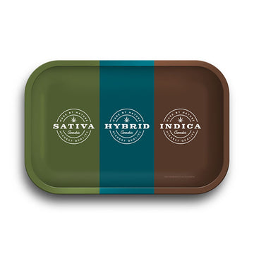 Overhead view of the Sativa, Hybrid, Indica Rolling Tray, a rectangular metal tray with a sleek, dark finish. - Sativa, Hybrid, Indica Rolling Tray
