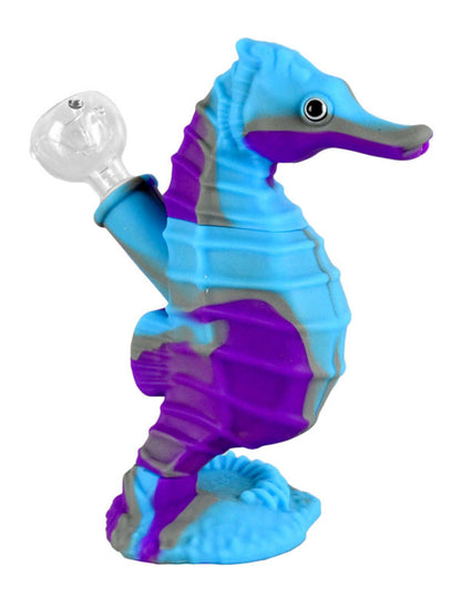 Front view of the Premium Silicone Seahorse Molded Water Pipe, a blue silicone piece shaped like a seahorse.