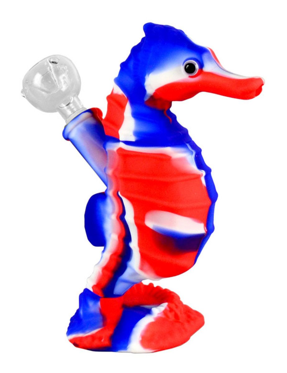 Front view of the Premium Silicone Seahorse Molded Water Pipe, showing the sculpted, blue and white design.