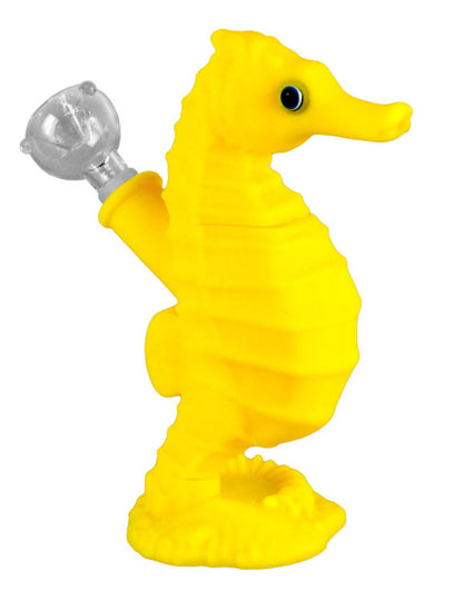 A side view of the Premium Silicone Seahorse Molded Water Pipe, showcasing its sculpted form against a plain white background.
