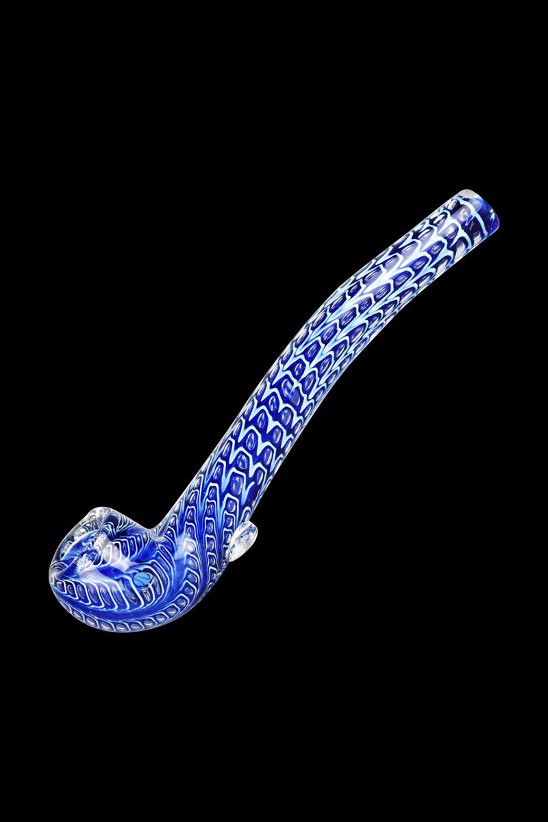 A detailed side view of the Double Glass Long Sherlock Pipe - Serpent Scales, showcasing its long, curved shape and scale-like texture.
