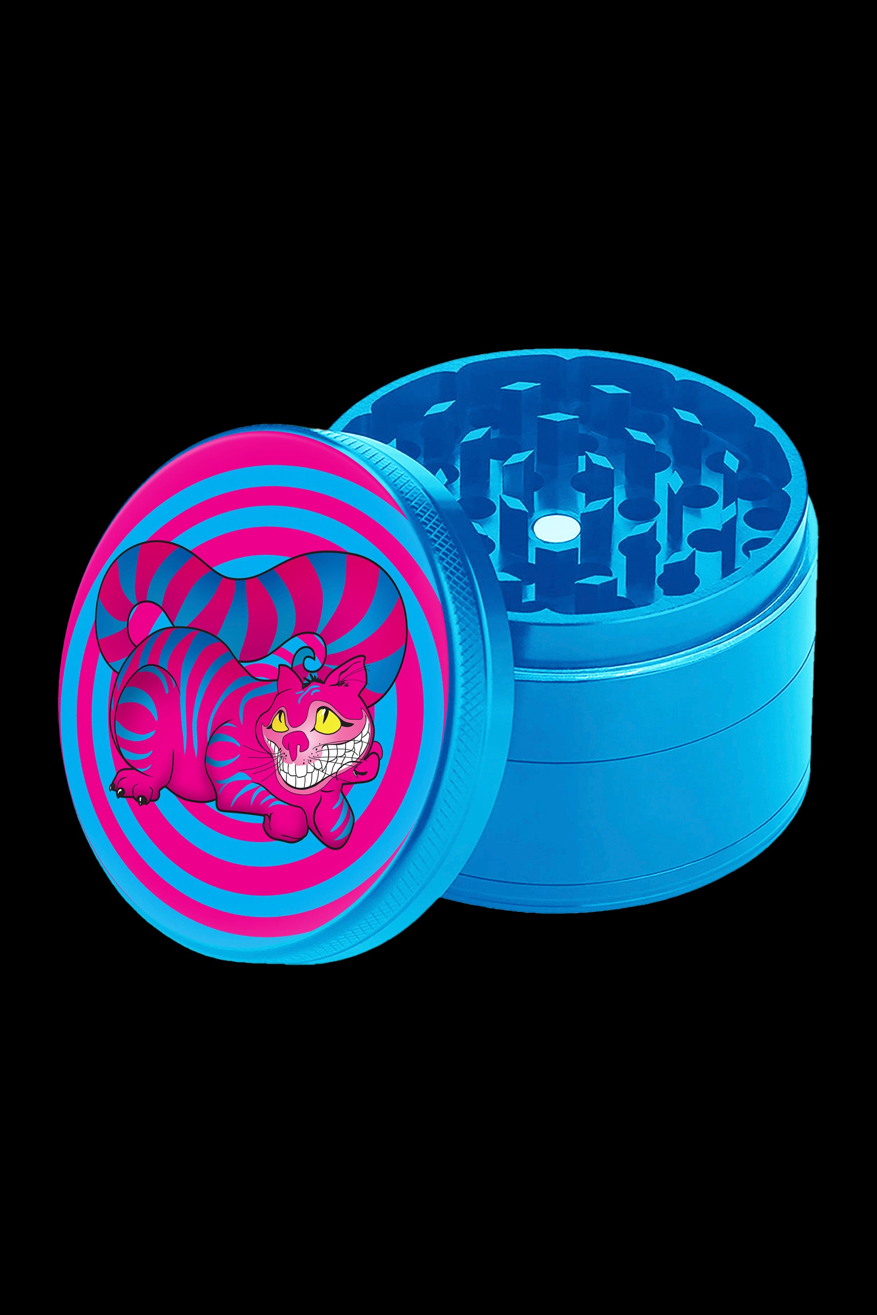 Blue four-piece grinder with the Cheshire Cat design open, revealing the grinding teeth.