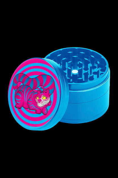 Blue four-piece grinder with the Cheshire Cat design open, revealing the grinding teeth.