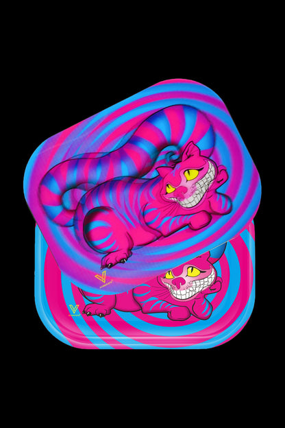 A vibrant, colorful, square cannabis storage container depicting the Cheshire Cat from Alice in Wonderland in a swirling, psychedelic pattern.