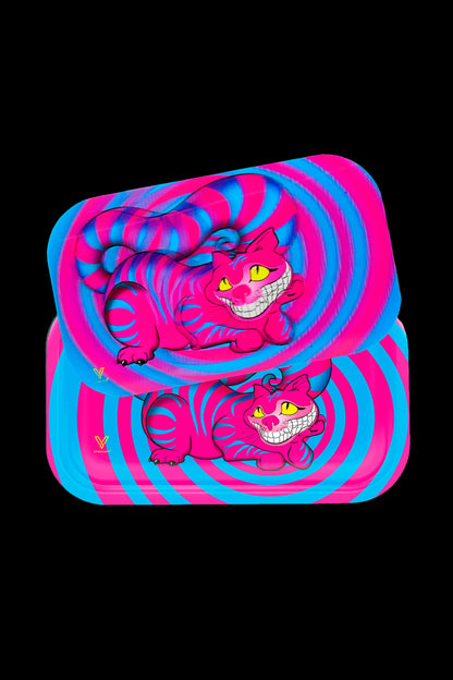 A vibrant, psychedelic patterned smell-proof bag featuring the Cheshire Cat from Alice in Wonderland.