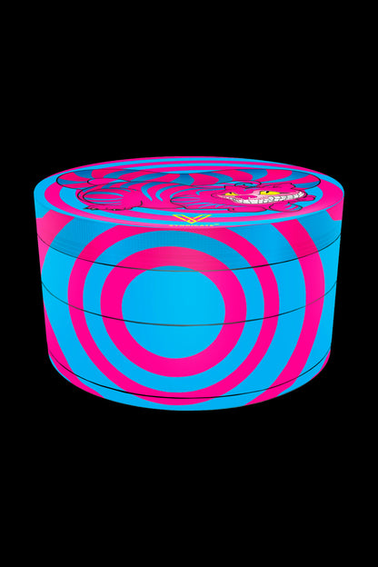 Neon pink and blue grinder with psychedelic artwork.