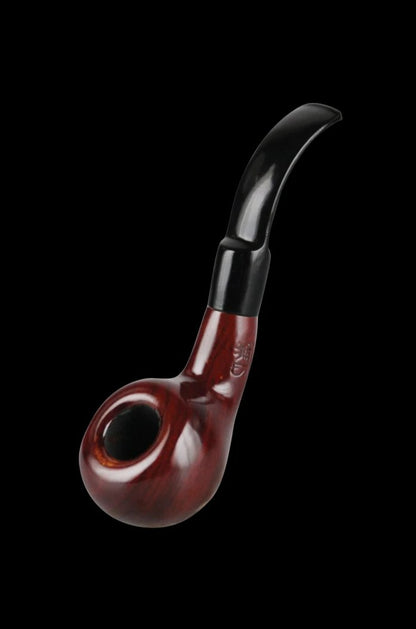 A side view of the Pulsar Bent Tomato Cherry Wood Sherlock pipe, showing its curved stem and wood-grain finish.