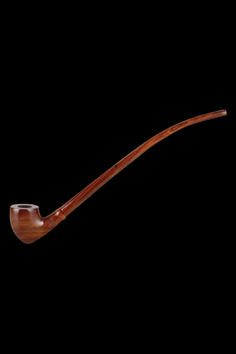 A side view of the Pulsar Churchwarden Tomahawk, showcasing its long, curved neck and dark wood-like finish.