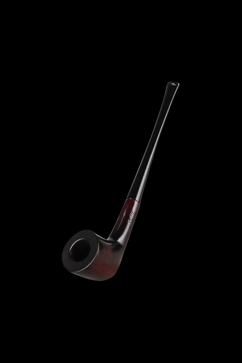 A side view of the Pulsar Dublin Wooden Sherlock Pipe, showcasing its curved stem and dark wood finish.