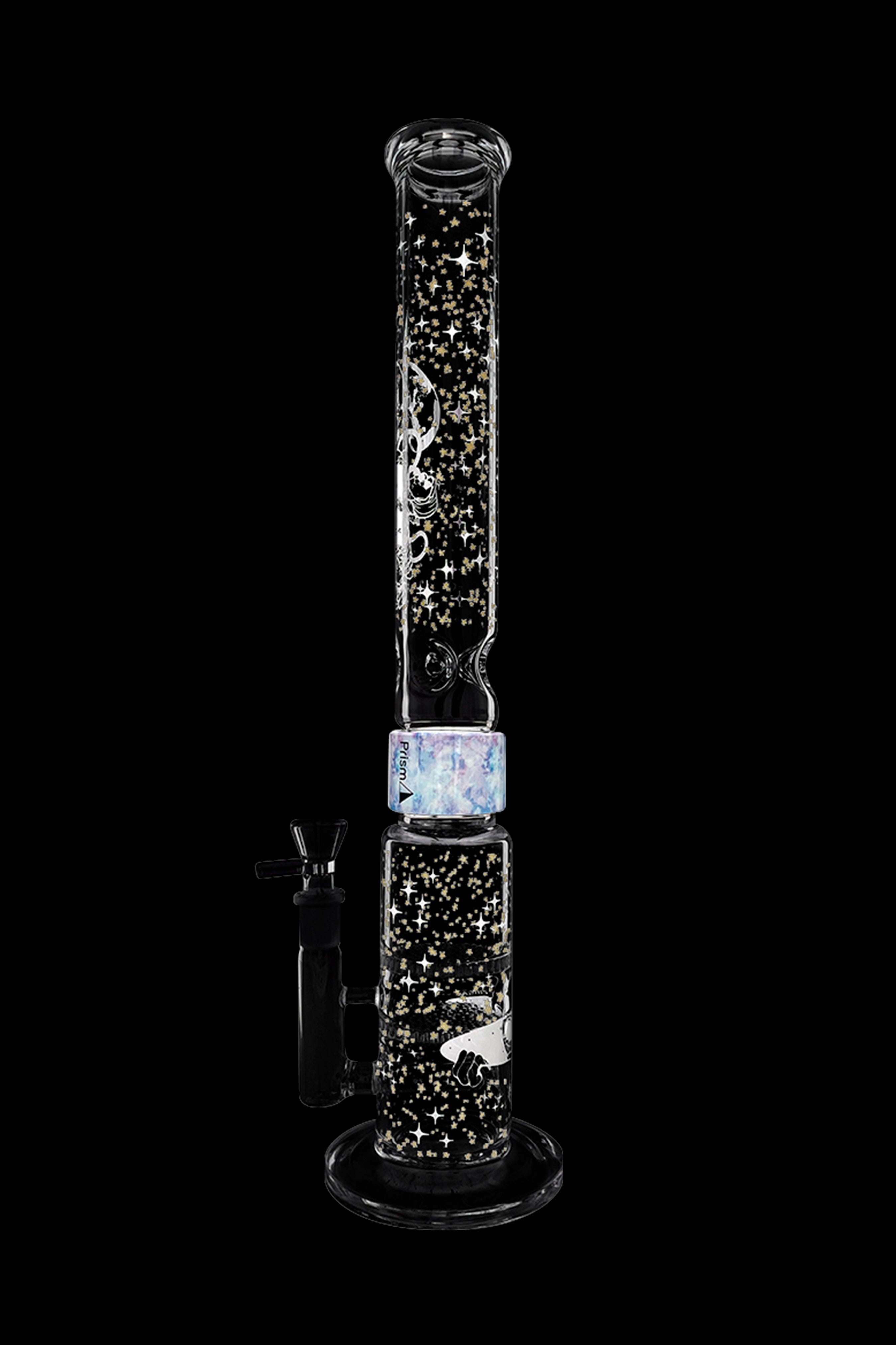 Glass water pipe (bong) with galaxy-themed design and separate glass bowl.