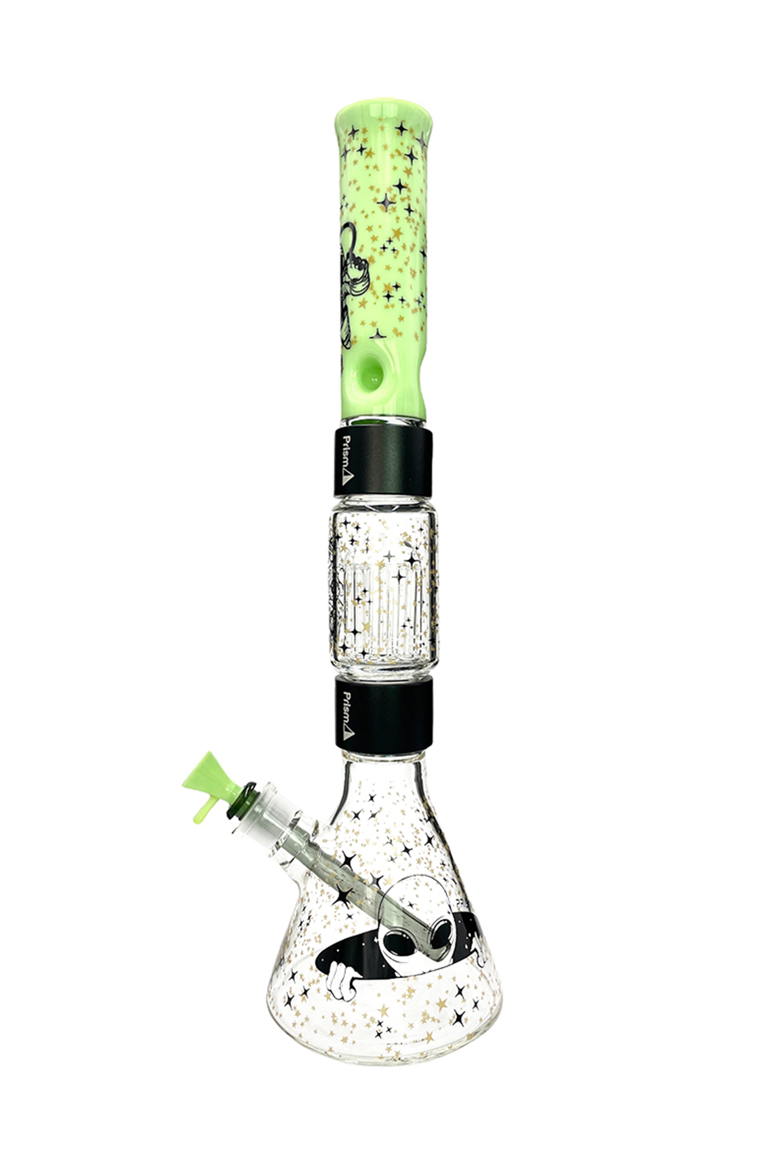 A vibrant green and clear glass water pipe (rig) with a star-filled design, featuring black perculators and a glass bowl.