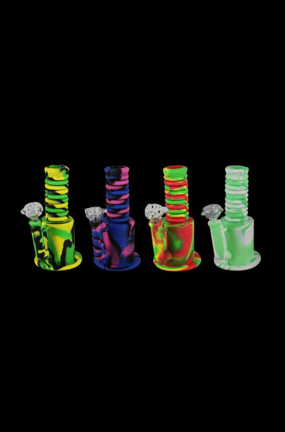 Front view of the Extendable Neck Silicone Bong, featuring a colorful, flexible neck and clear base against a black background.