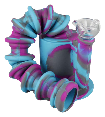 Front view of the Extendable Neck Silicone Bong, showcasing its coiled, flexible neck and colorful, patterned design.